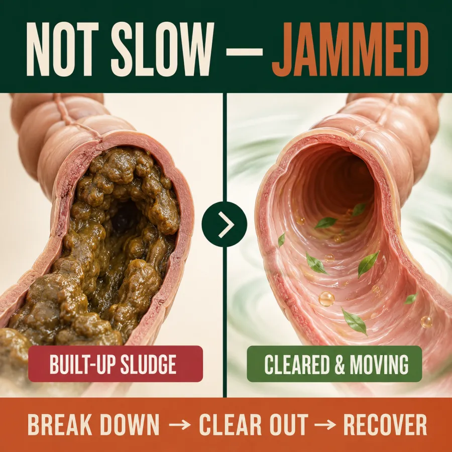 Built-up sludge versus a cleared, moving gut