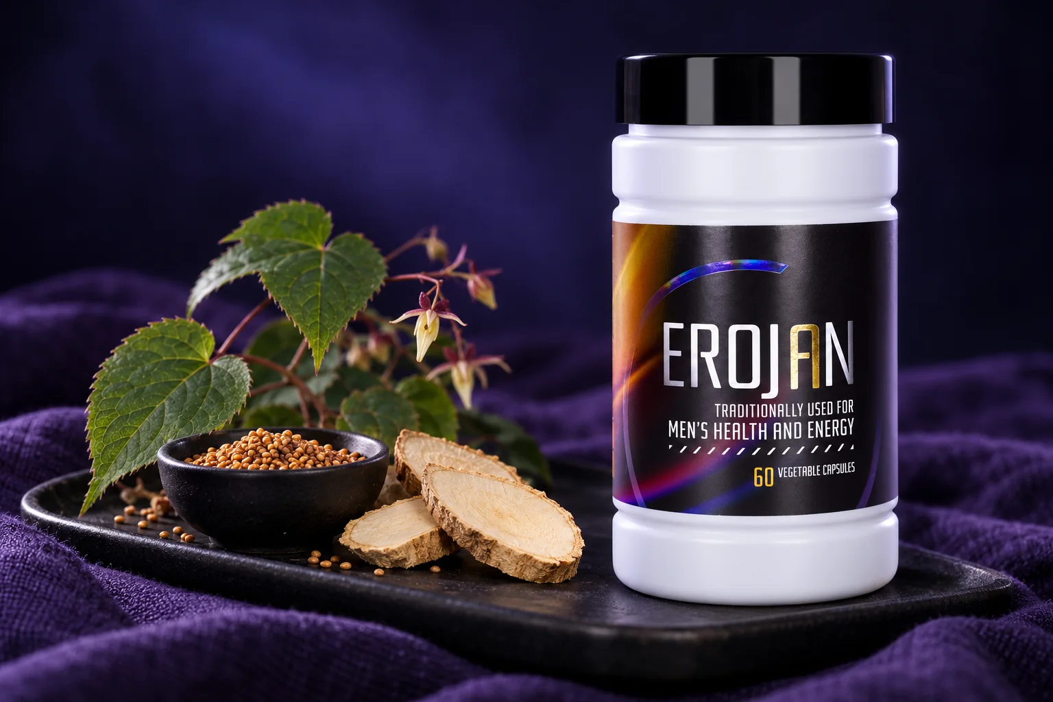 The EROJAN tub with dried epimedium leaves, a dish of cuscuta seeds and tongkat ali root slices