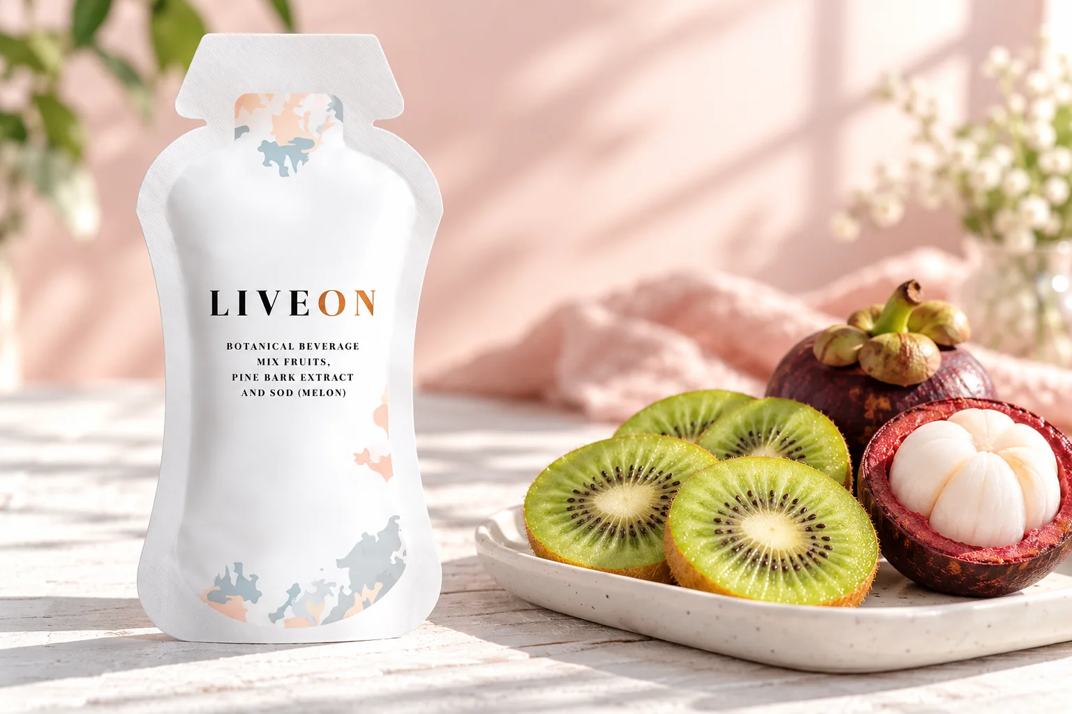 A LIVEON sachet beside a breakfast tray with kiwi slices and a halved mangosteen