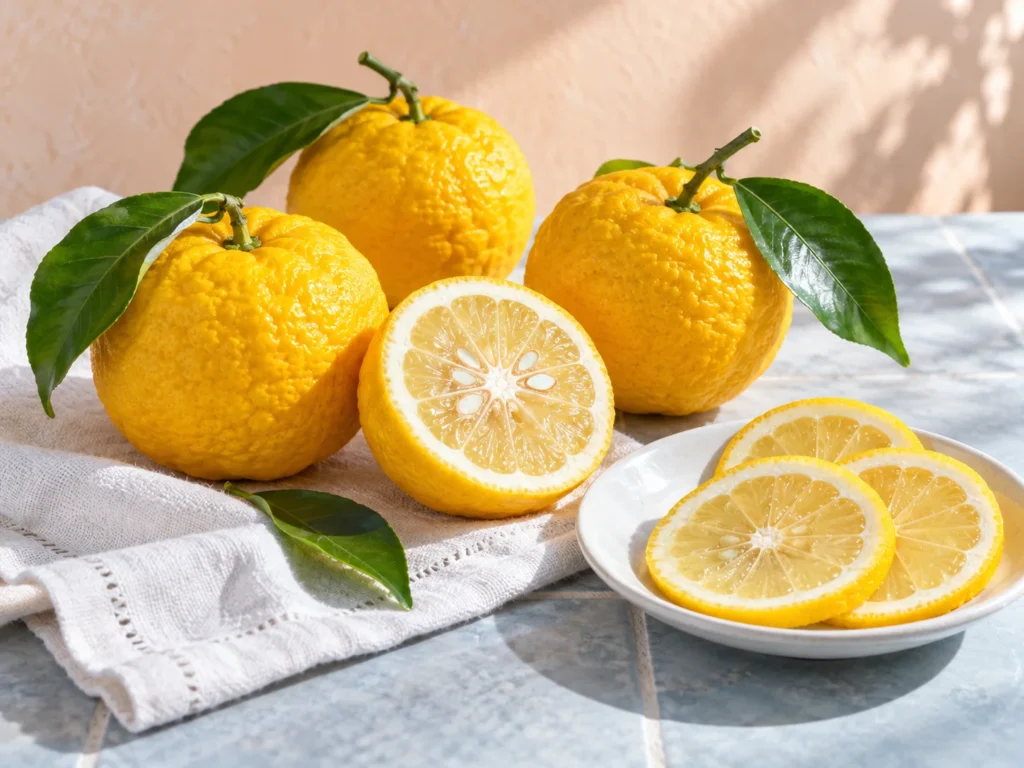 Whole and halved yuzu with green leaves and thin slices on a small white plate