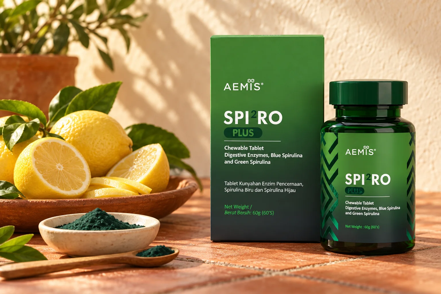 A SPIRO Plus box and bottle beside a terracotta dish of lemons and a dish of spirulina powder