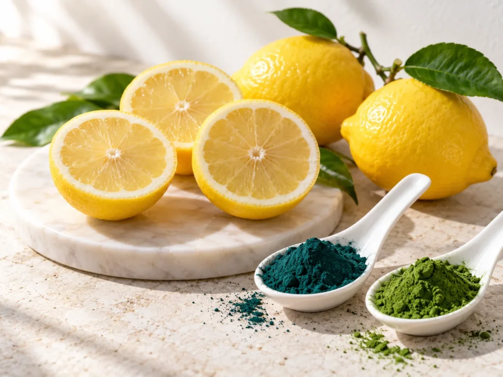 Lemon halves and whole lemons with spoons of spirulina and chlorella powder on a marble tray