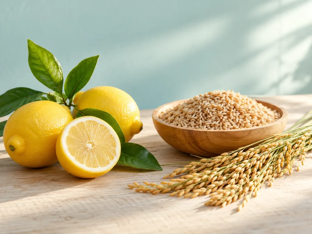 Whole and halved lemons beside a bowl of brown rice grains and golden rice stalks on pale wood