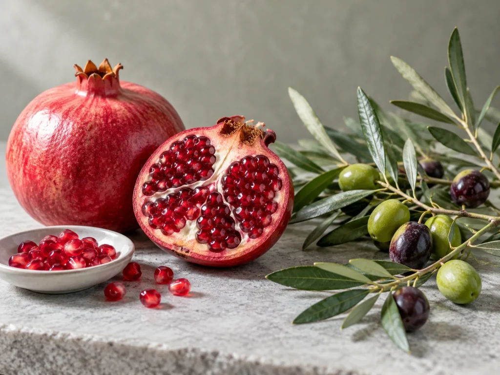 A halved pomegranate with ruby seeds beside an olive branch with green and dark olives