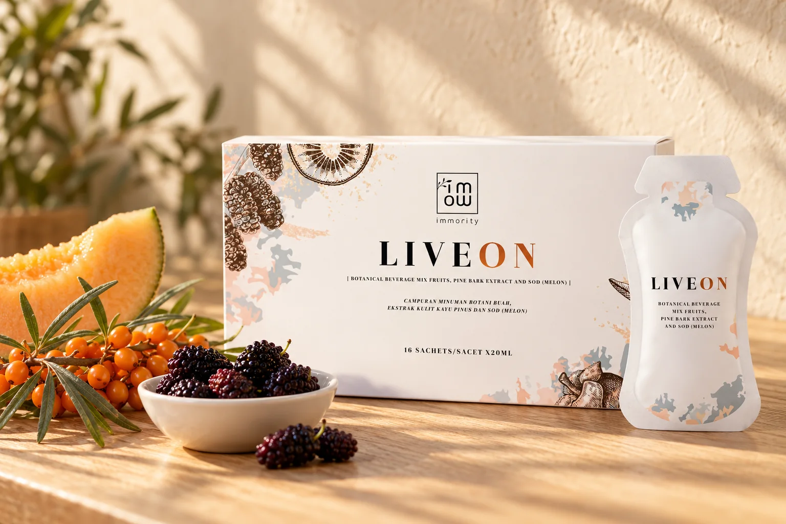 A LIVEON box and sachet beside a sea buckthorn sprig, a cantaloupe wedge and a bowl of mulberries