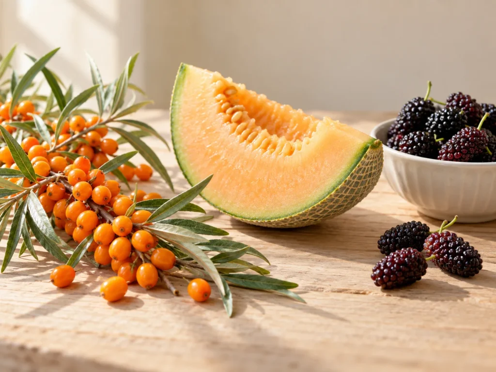 A sea buckthorn sprig with orange berries, a cantaloupe wedge and a bowl of mulberries on pale oak