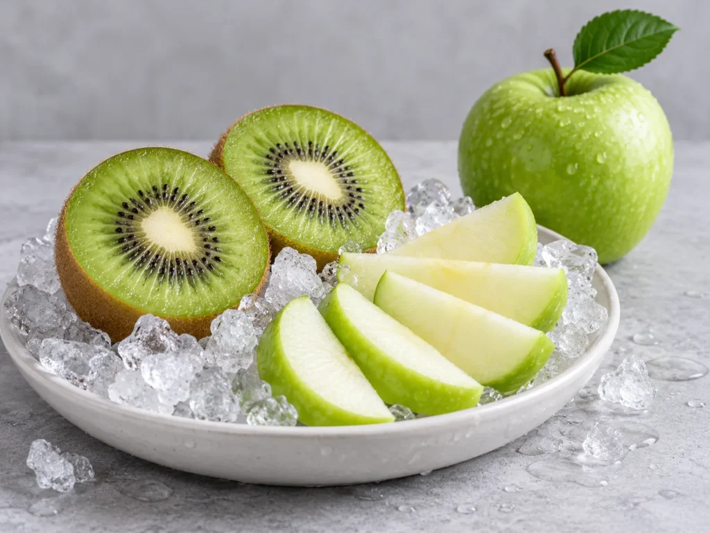 Halved kiwi and green apple wedges in a dish of crushed ice on pale grey stone