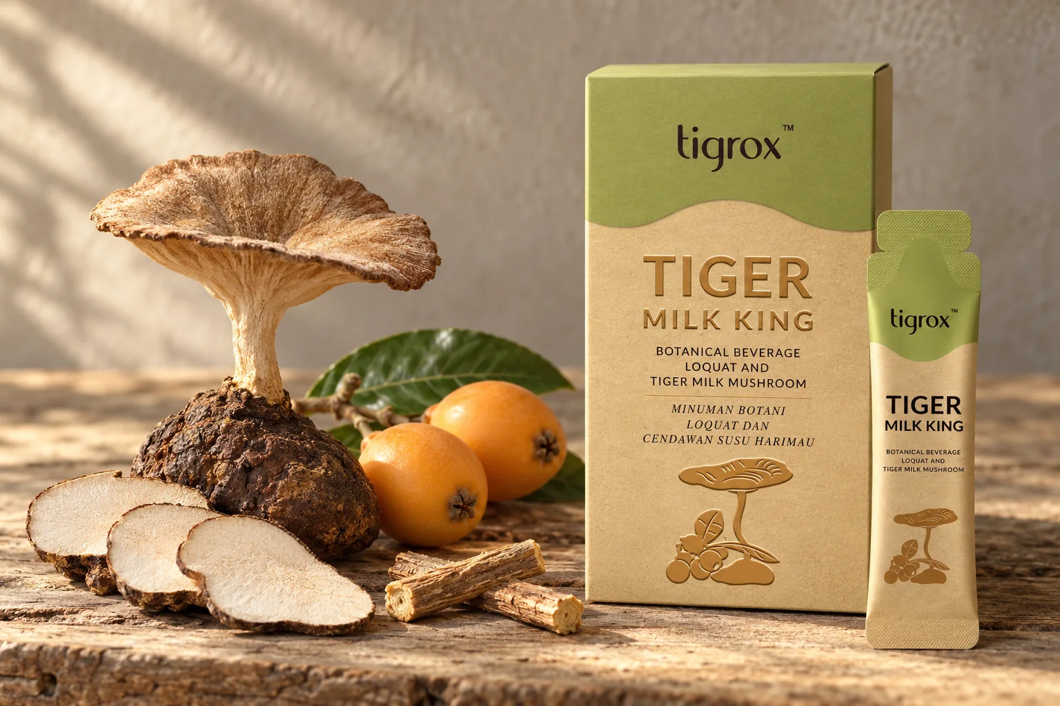 A TIGROX Tiger Milk King box and sachet beside a tiger milk mushroom, dried slices, licorice root and loquats