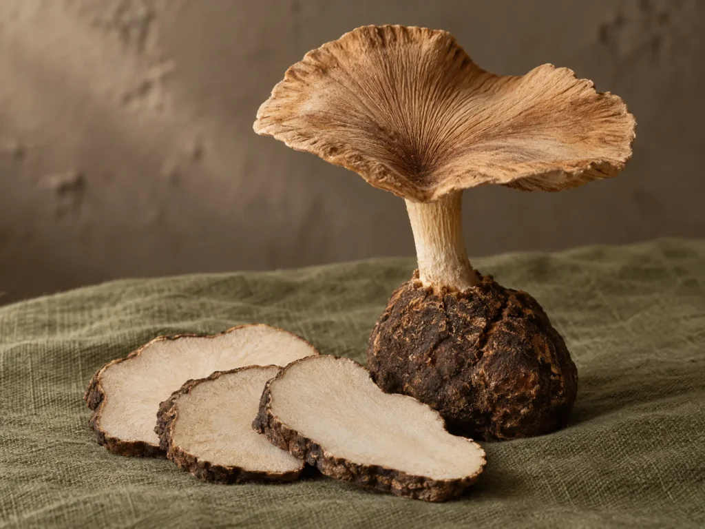 A tiger milk mushroom with its dark sclerotium and three pale dried slices on olive linen