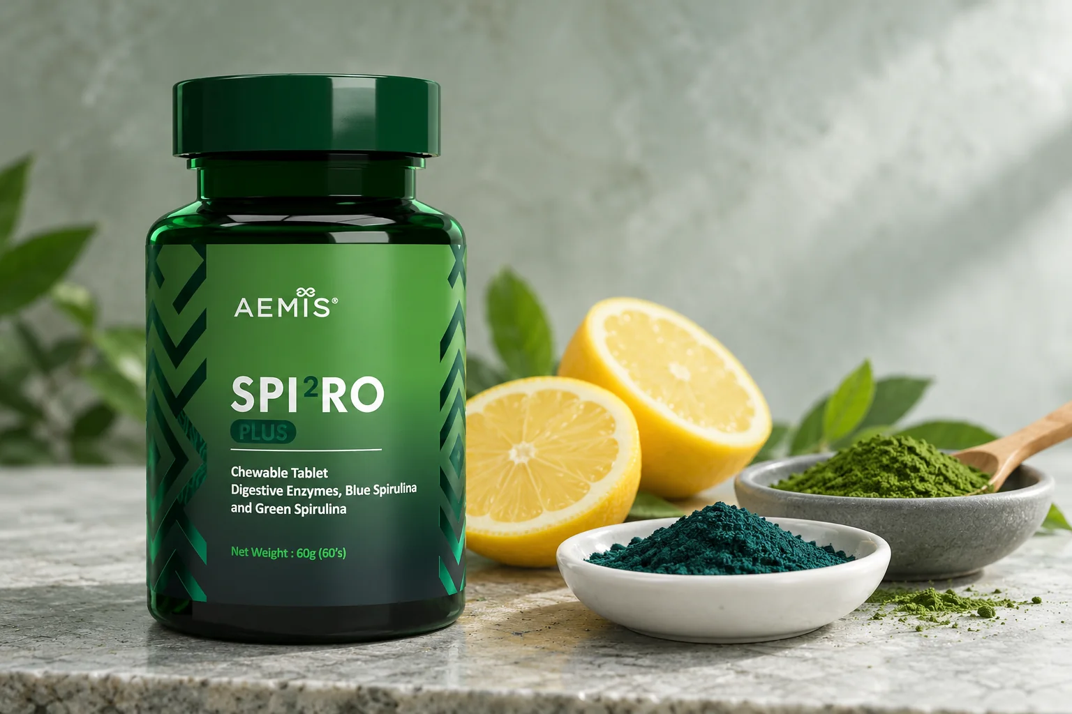 A SPIRO Plus bottle beside lemon halves and dishes of spirulina and chlorella powder on grey-green stone