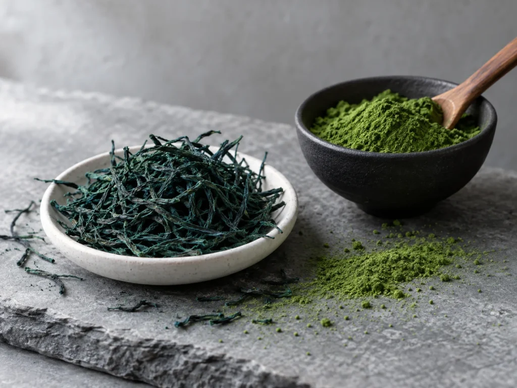 Dried spirulina threads in a white dish beside a bowl of green chlorella powder on grey slate