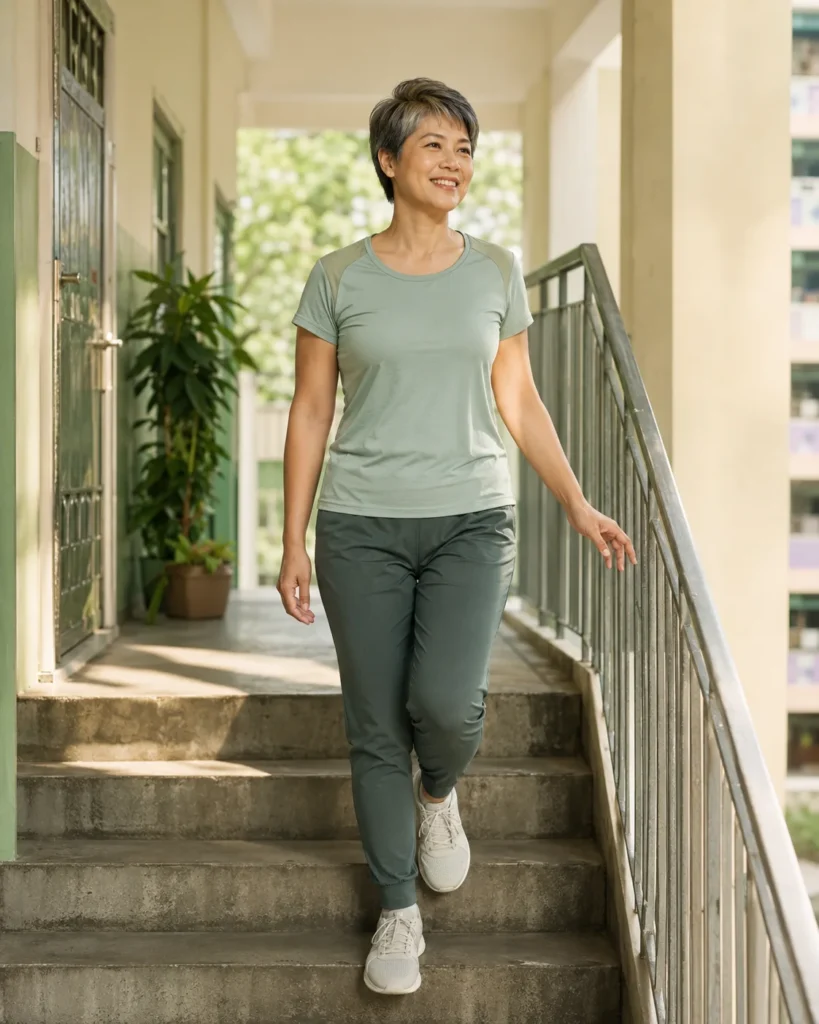 Woman in her 60s walking down HDB stairs comfortably, smiling