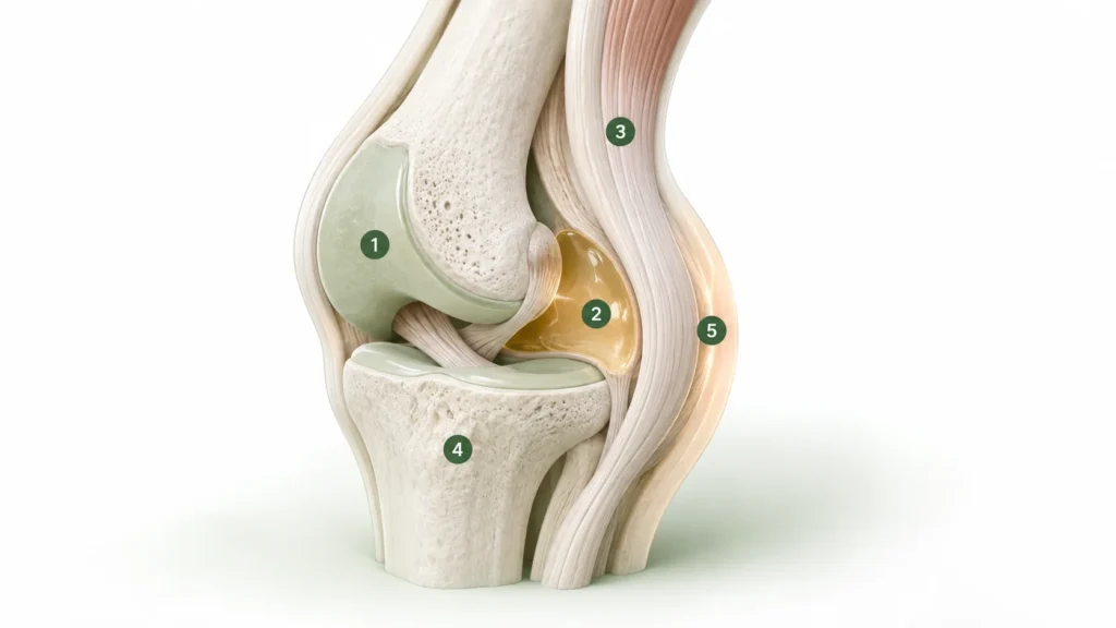 Cross-section illustration of a knee joint with five numbered components