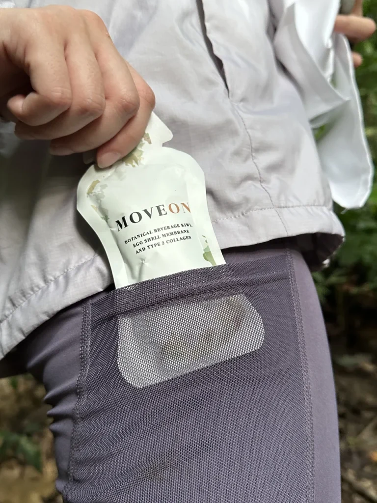 MOVEON sachet carried in a pocket on a morning walk