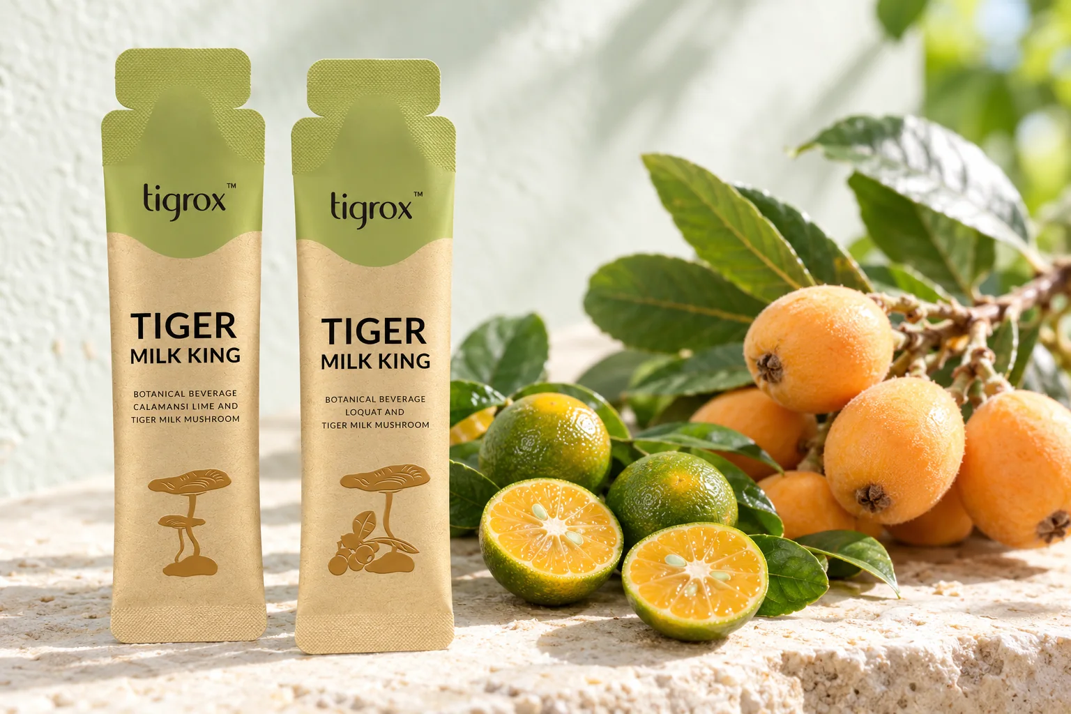 A Calamansi sachet and a Loquat sachet of TIGROX Tiger Milk King beside calamansi fruit and a loquat branch