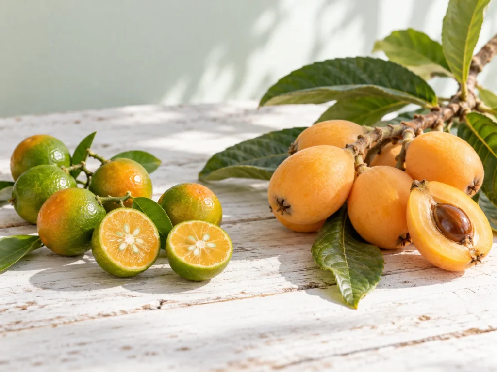 Small calamansi, some halved, beside a loquat branch with ripe loquats and one halved loquat