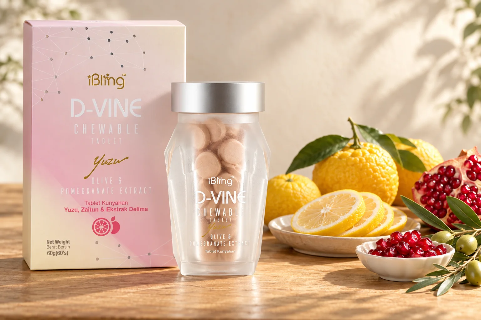The D-VINE box and jar beside yuzu fruit, pomegranate seeds and an olive sprig on a honey oak table