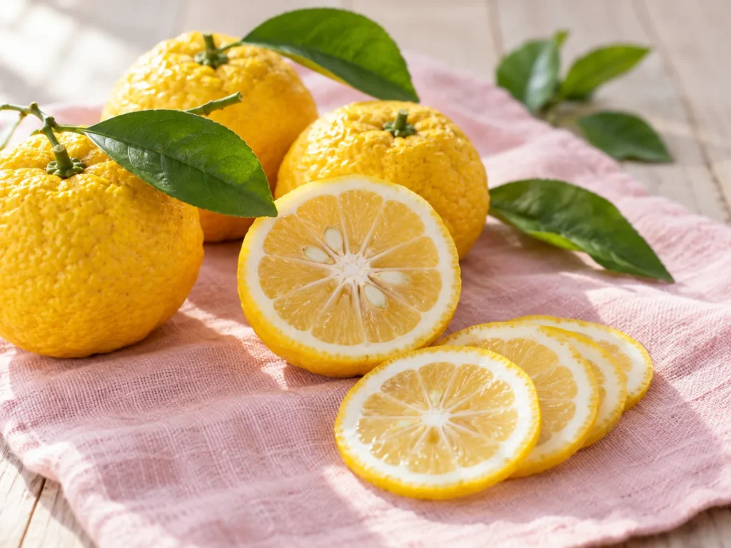 Whole and halved yellow yuzu with green leaves and thin yuzu rings on pale pink linen