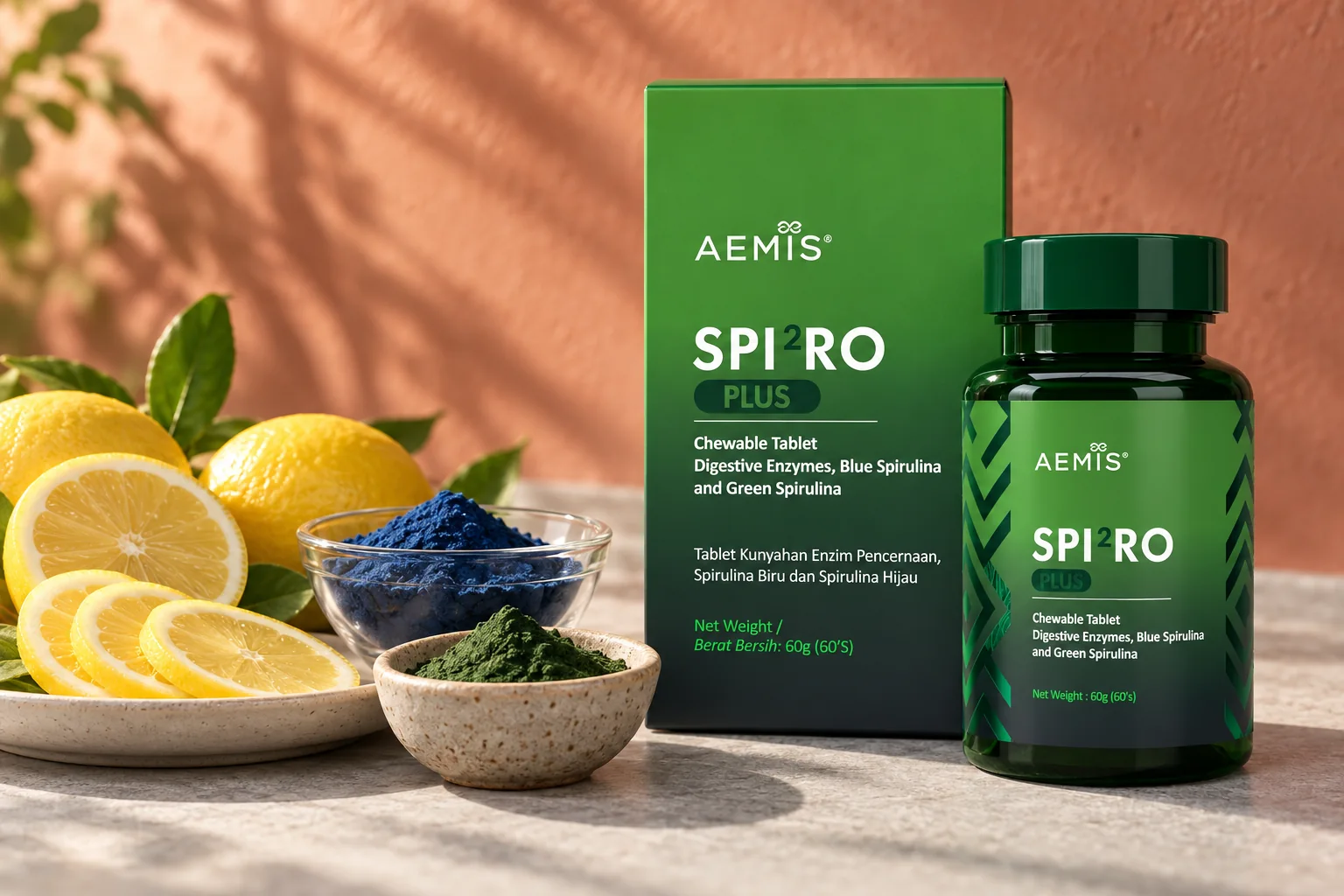 The SPIRO Plus box and bottle beside lemon slices and bowls of blue spirulina and green chlorella powder