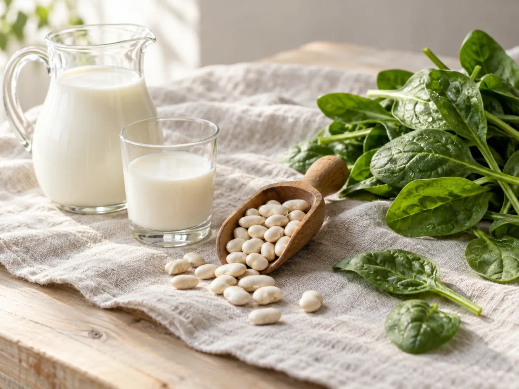 A jug and glass of milk, a scoop of white beans and fresh spinach leaves on pale linen