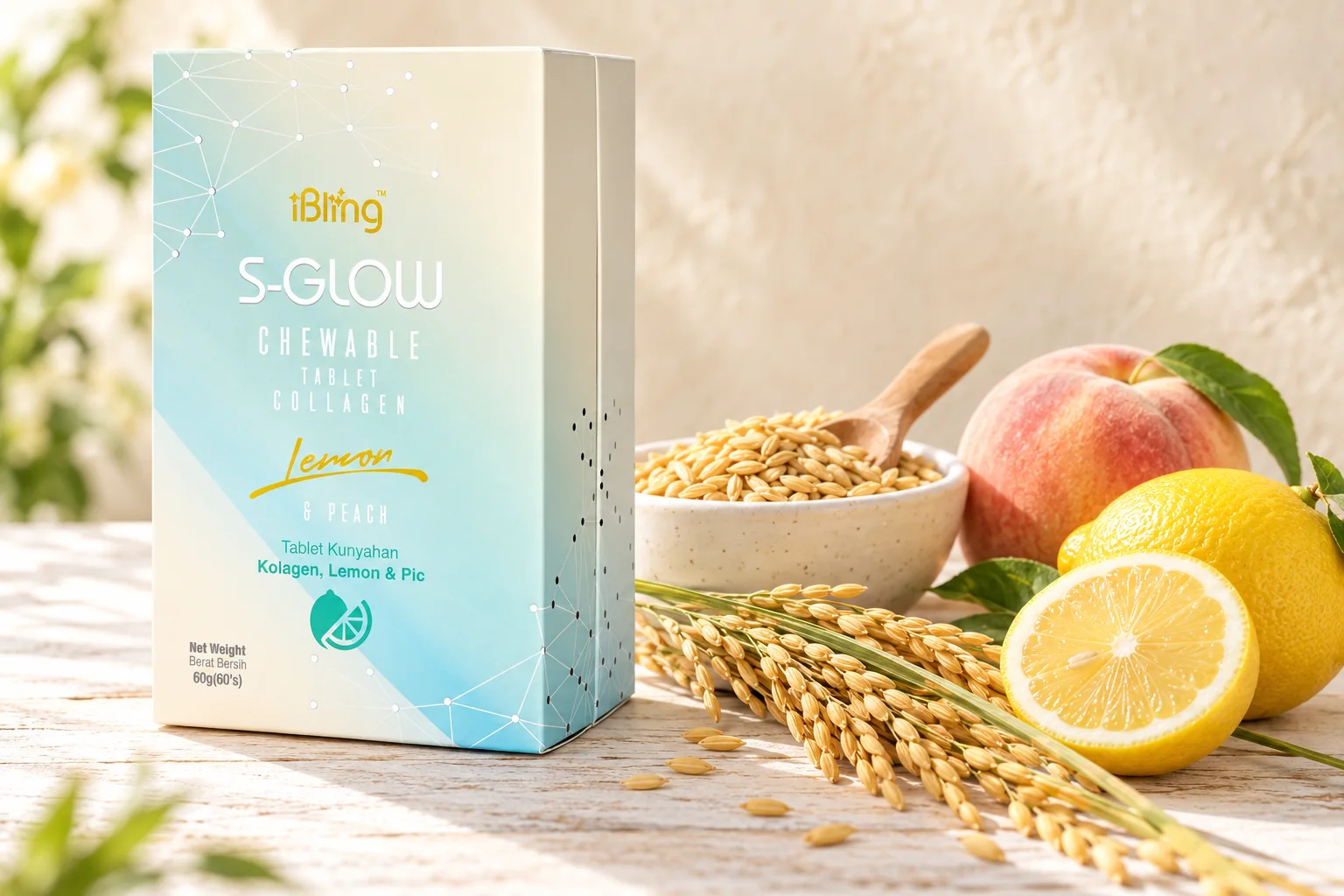The S-GLOW chewable collagen box beside a bowl of rice germ, a peach and lemons on a pale oak table