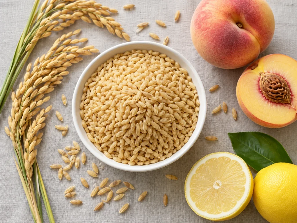 Overhead view of a bowl of rice germ with ripe rice stems, peaches and a halved lemon on grey linen