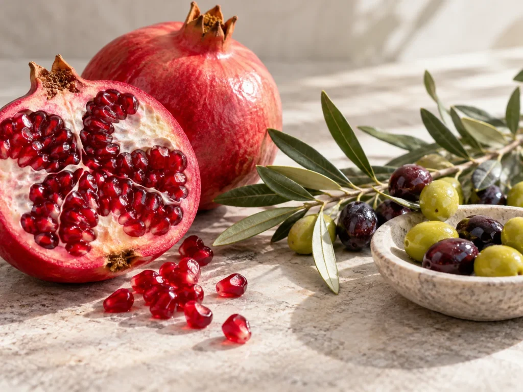 A halved pomegranate with loose ruby seeds beside an olive branch with green and dark olives on pale stone