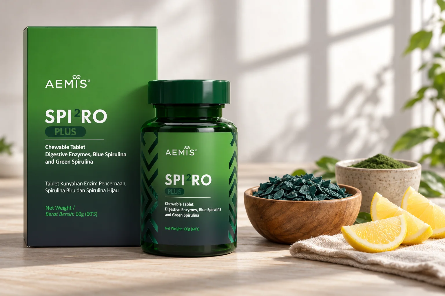 The SPIRO Plus box and bottle with spirulina flakes, chlorella powder and lemon wedges on ash wood