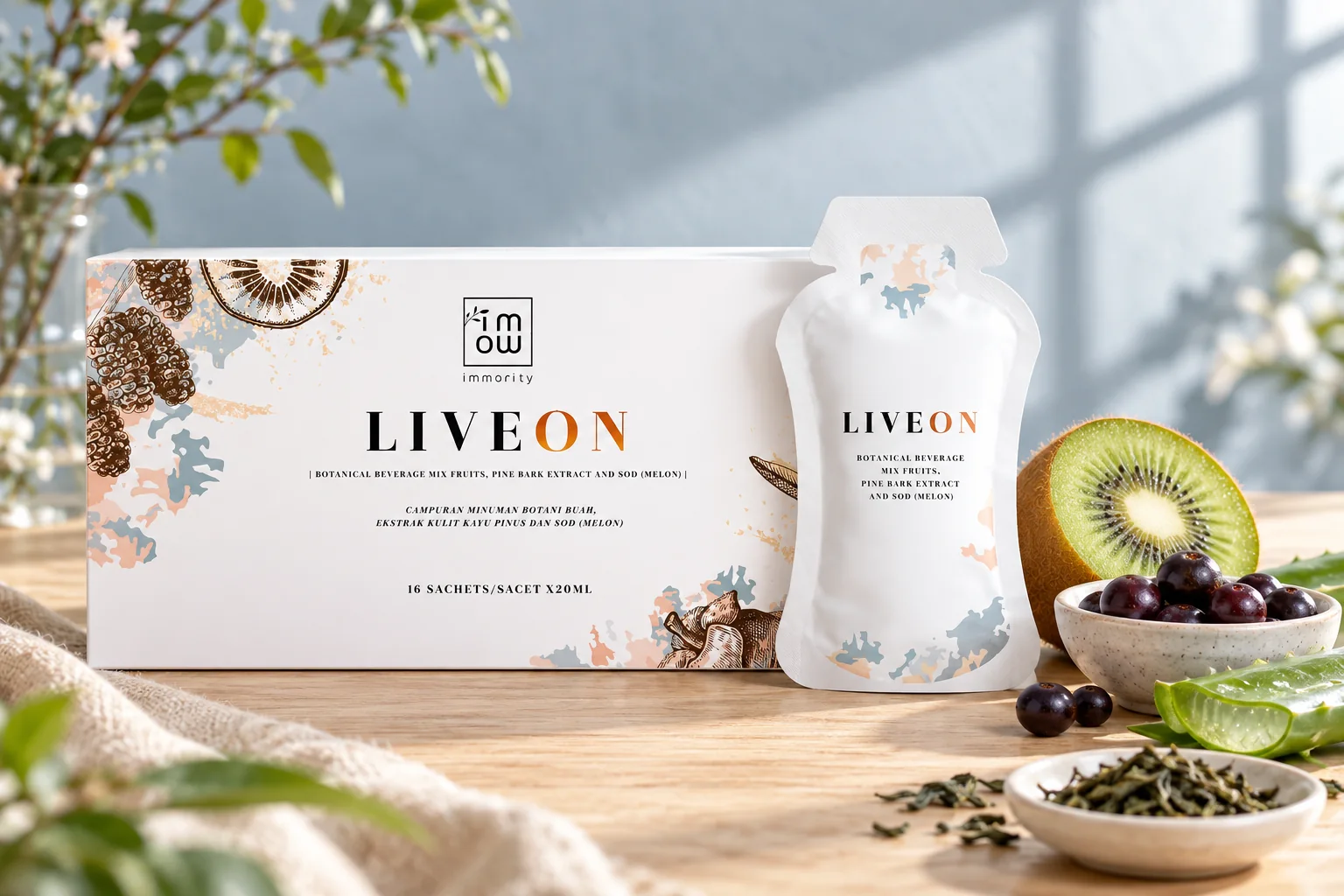 A LIVEON box and sachet on a pale oak table with a halved kiwi, acai berries, an aloe vera leaf and green tea leaves