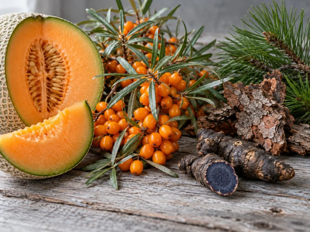 A halved cantaloupe, a branch of orange sea buckthorn berries, pieces of pine bark and black turmeric roots on pale wood