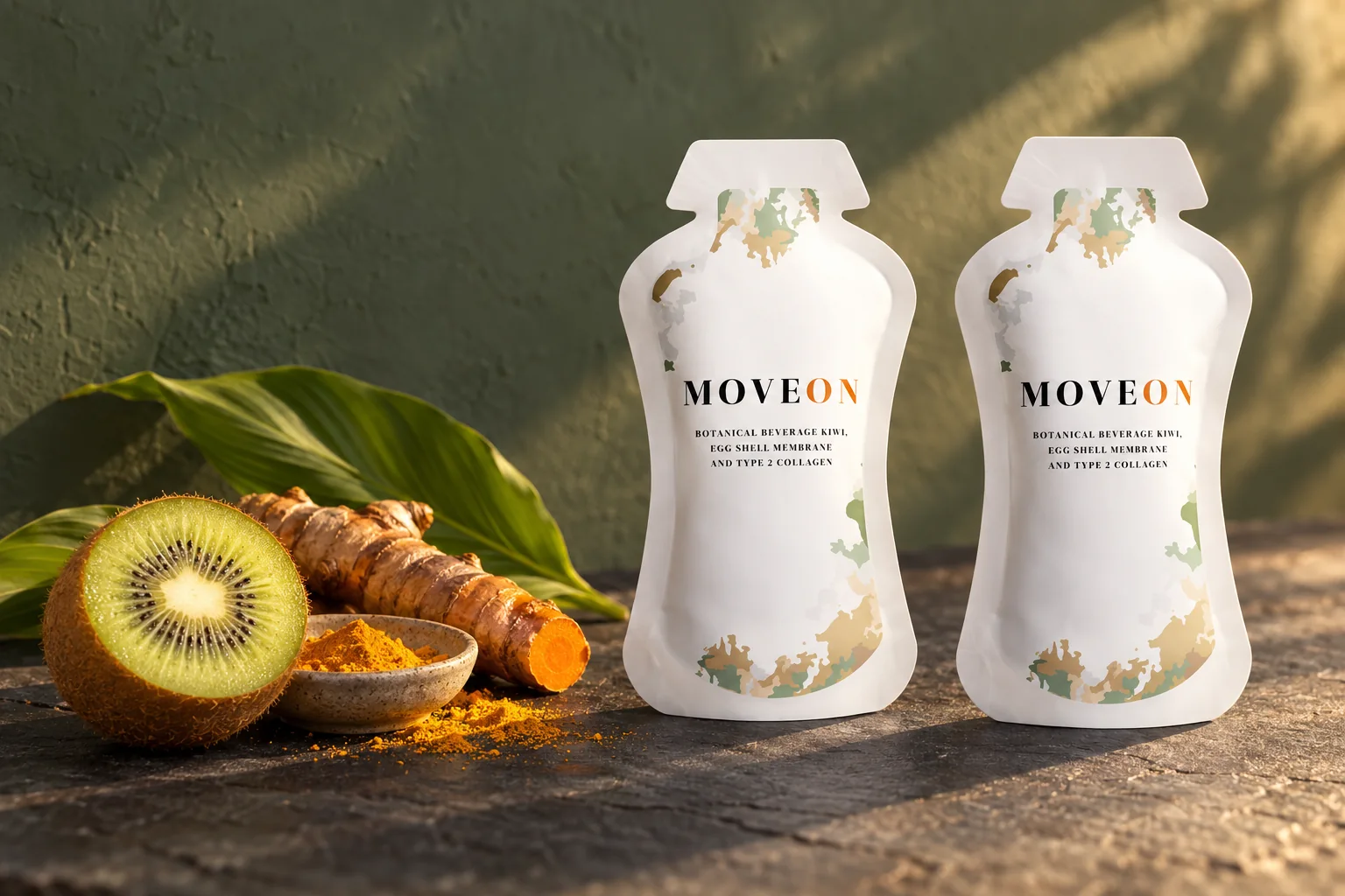 Two MOVEON sachets beside a halved kiwi, a fresh turmeric root and turmeric powder on a dark slate table