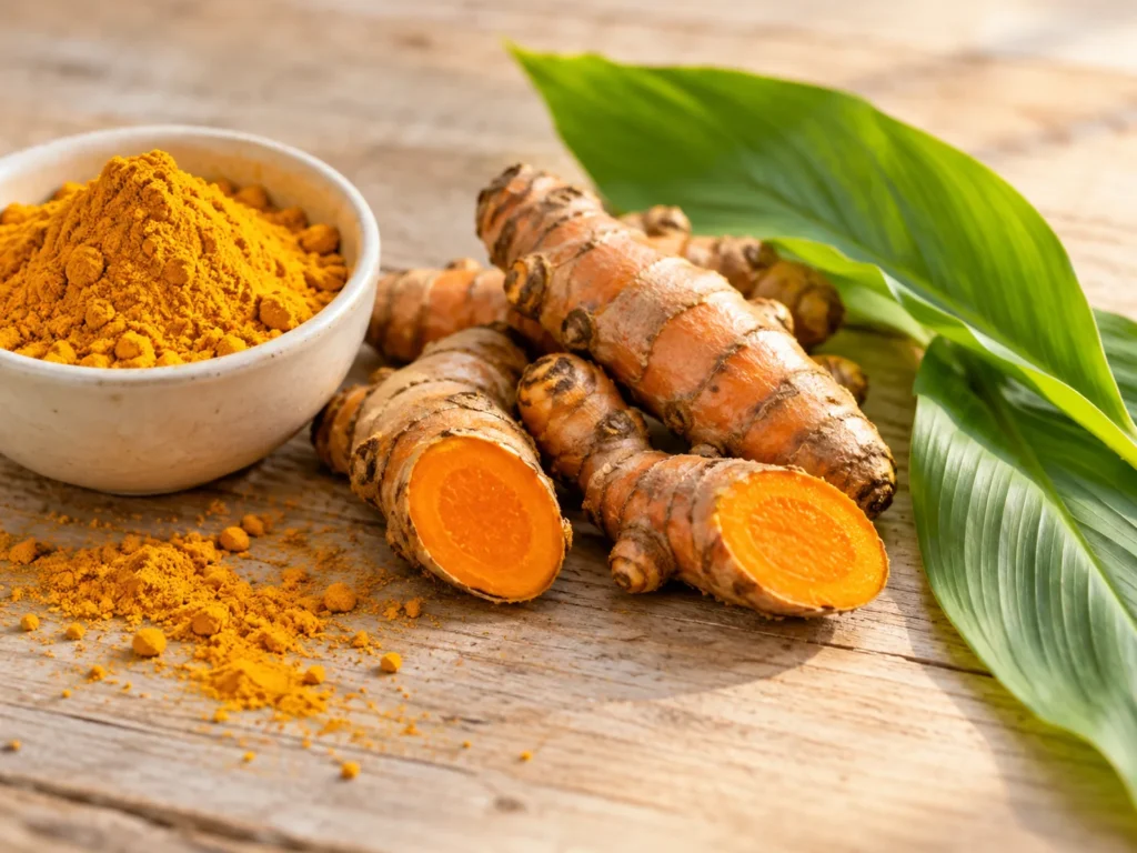 Fresh turmeric roots, some cut open, with a bowl of turmeric powder and green turmeric leaves on pale wood