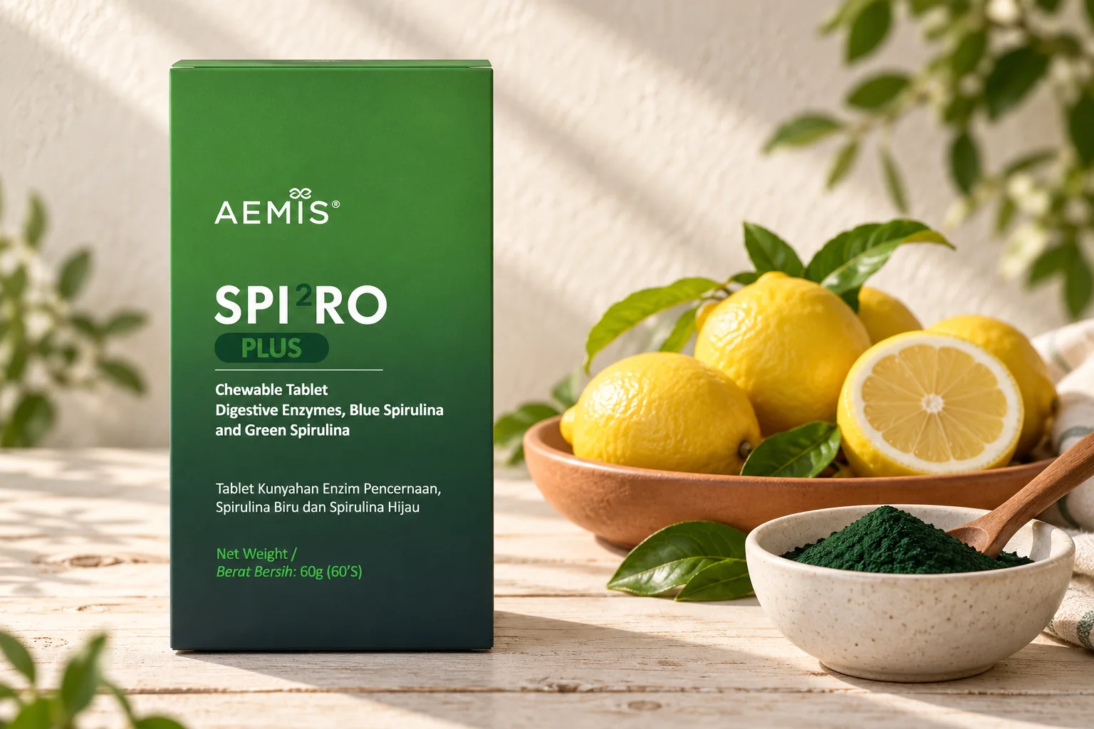 The SPIRO Plus box beside lemons in a terracotta dish and a bowl of spirulina powder on whitewashed wood