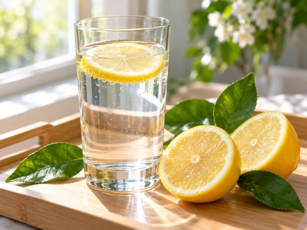A tall glass of water with a slice of lemon on a wooden tray in morning light