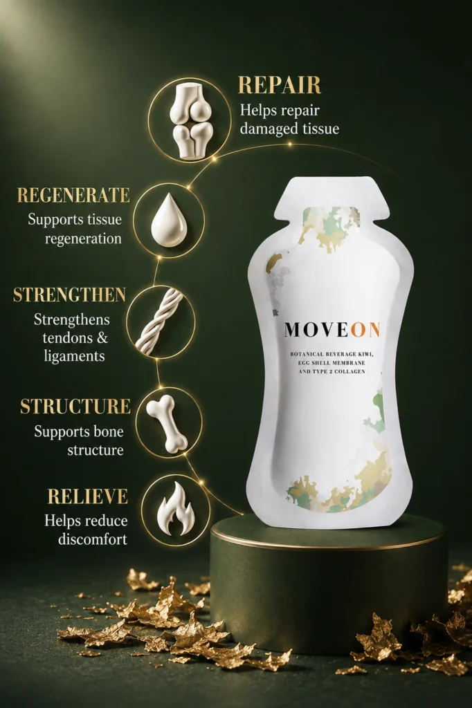 MOVEON sachet with the five joint-support pathways illustrated