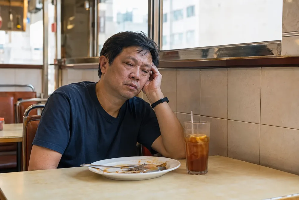 五十幾歲男士喺香港茶餐廳啱食完晏,撐住眼皮