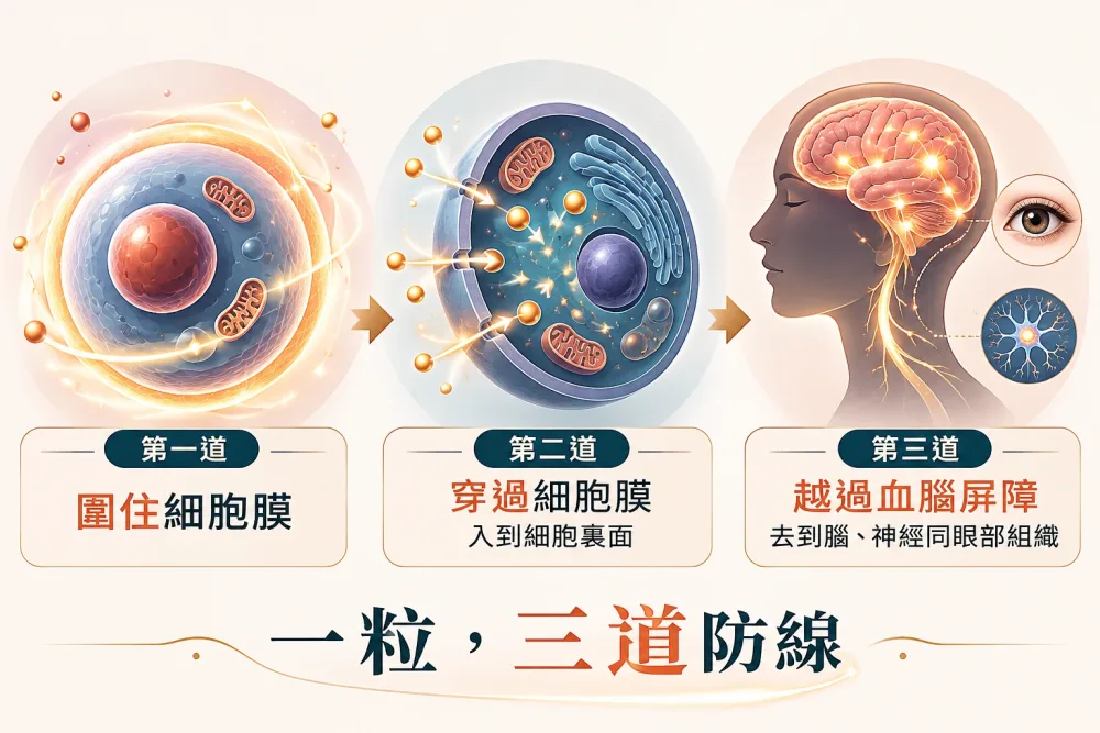 圖解:第一道圍住細胞膜,第二道穿過細胞膜入到細胞裏面,第三道越過血腦屏障去到腦、神經同眼部組織