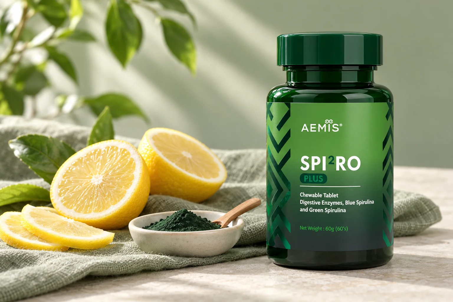 SPIRO Plus 雙藻錠樽裝,旁邊有切開嘅檸檬同一碟綠色螺旋藻粉