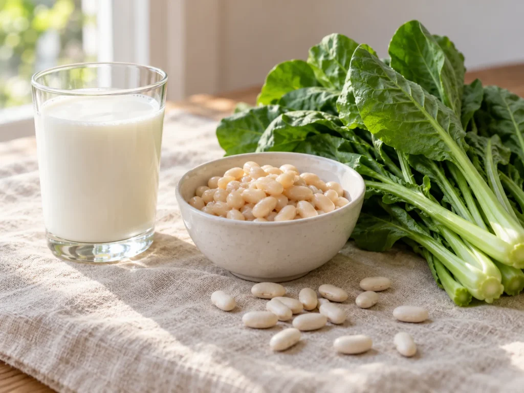 一杯鮮奶、一碗白豆同一紮新鮮綠葉菜