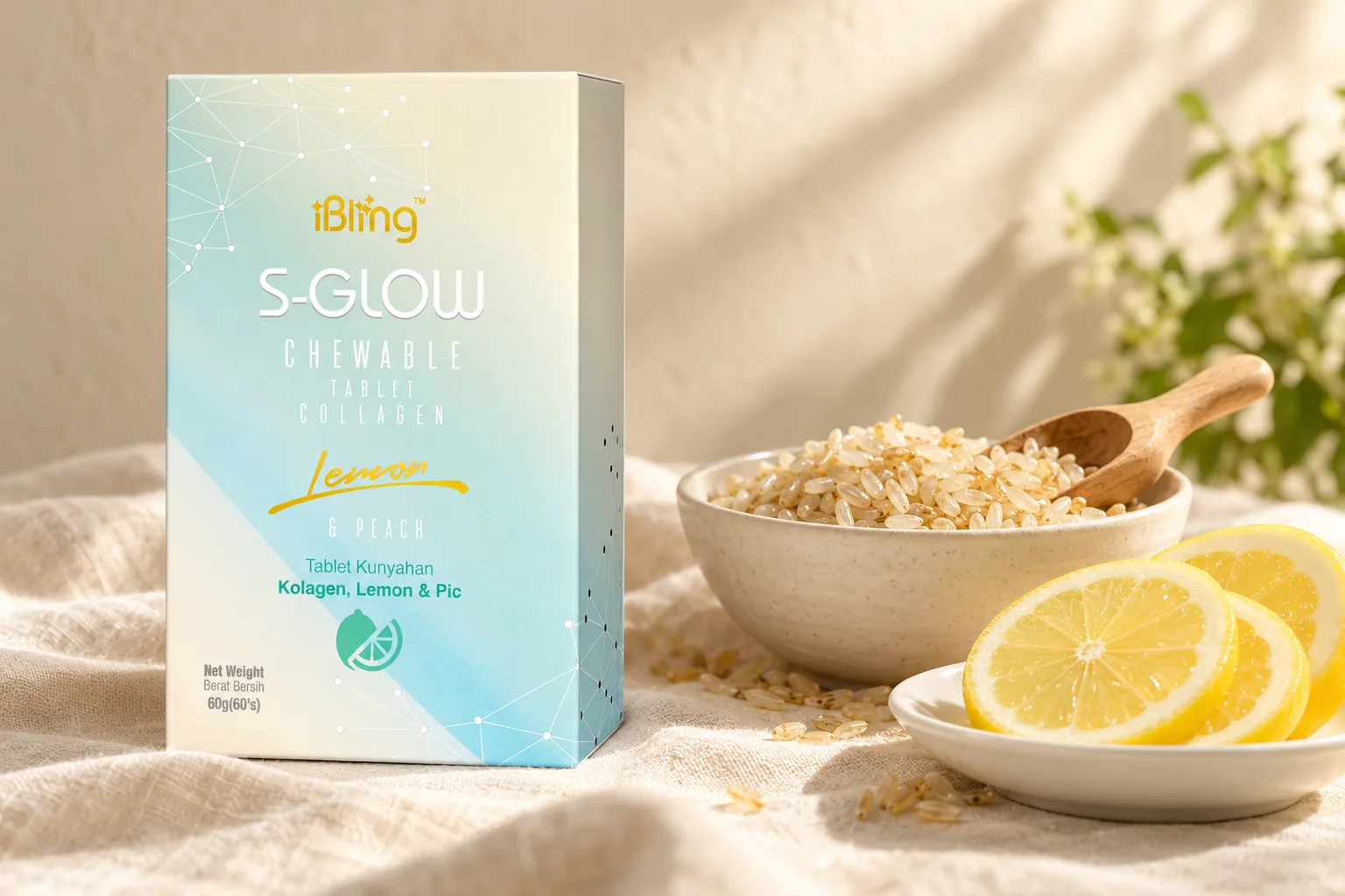 S-GLOW 檸檬味骨膠原咀嚼片盒裝，旁邊有一碗胚芽米同幾片檸檬