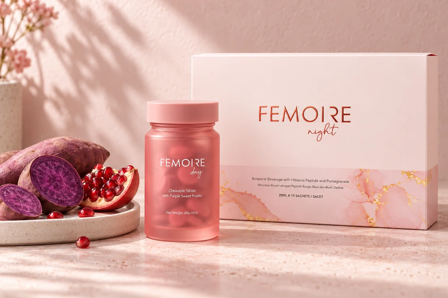 FEMOIRE 日間咀嚼片樽同夜間飲品盒，旁邊係紫薯同紅石榴