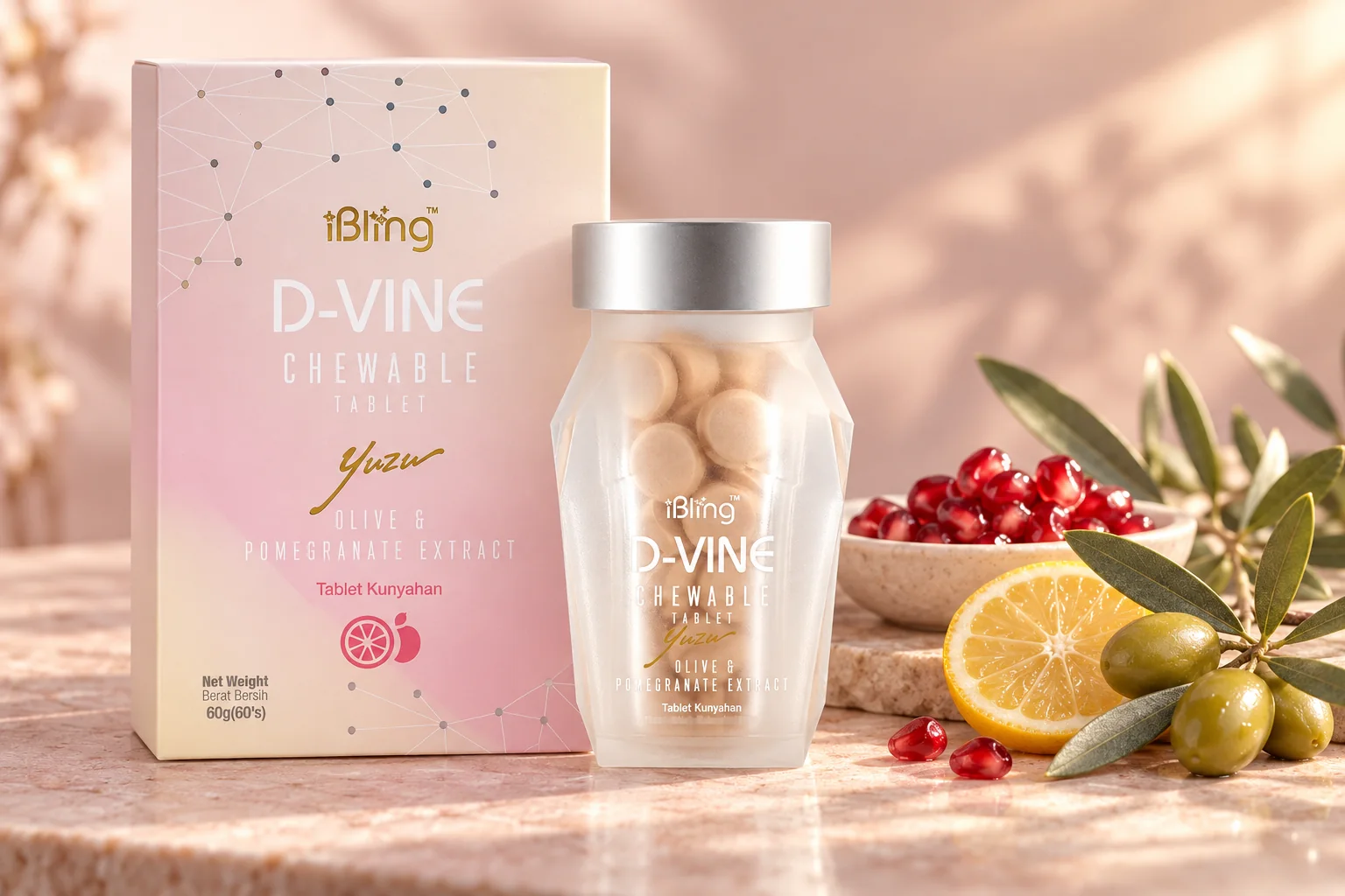 D-VINE 美顏糖盒裝同玻璃樽,旁邊係橄欖枝、石榴籽同柚子片
