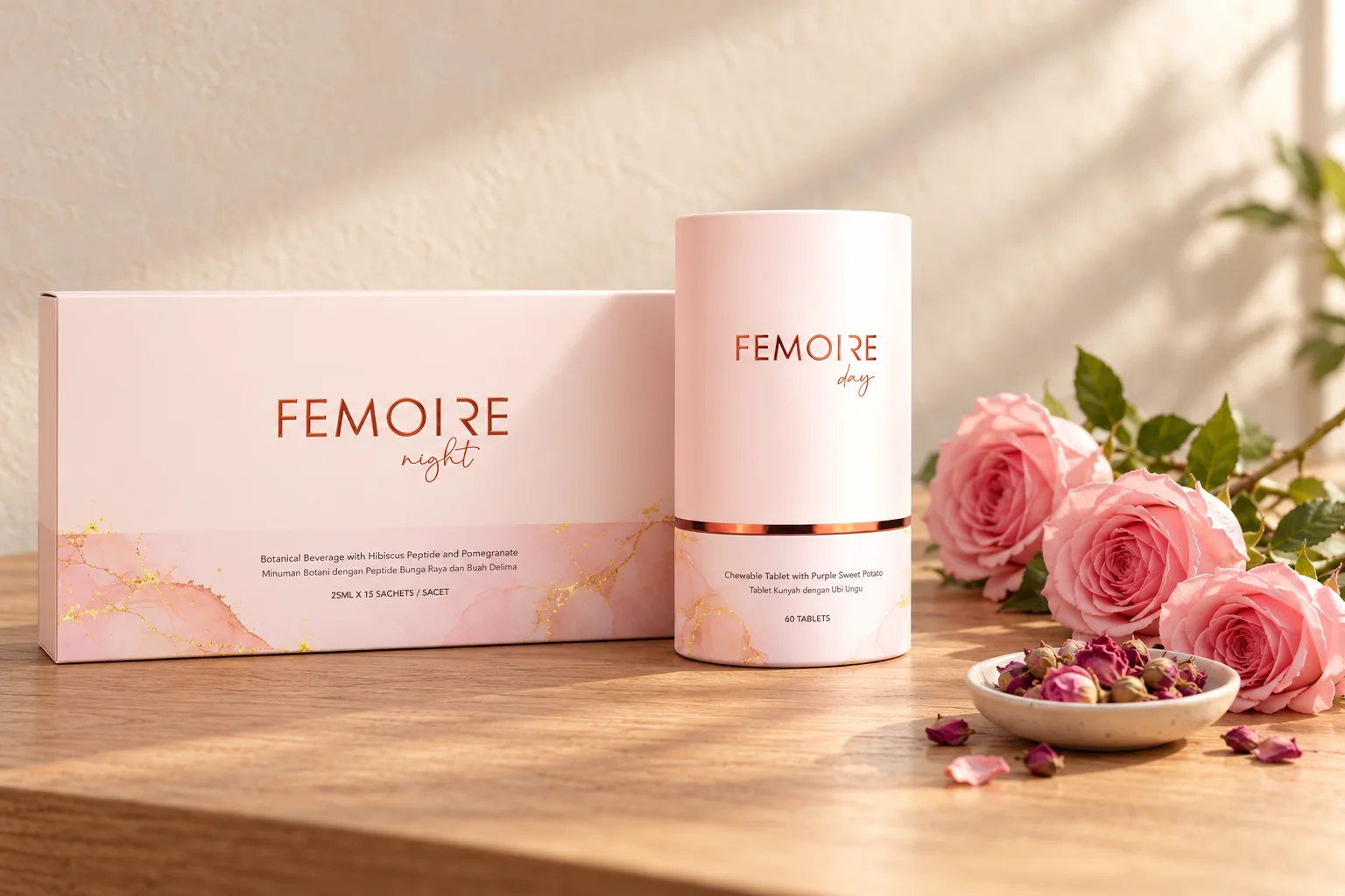 FEMOIRE 日間咀嚼片罐同夜間飲品盒，旁邊係大馬士革玫瑰同乾玫瑰花蕾
