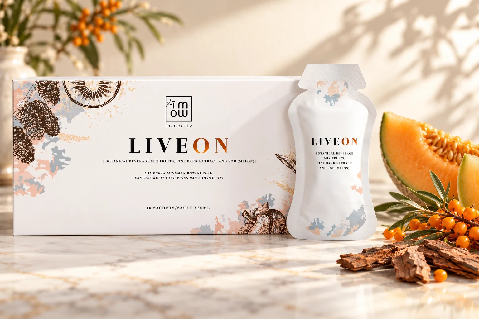 LIVEON 盒裝同即飲包，旁邊係蜜瓜、沙棘果同松樹皮