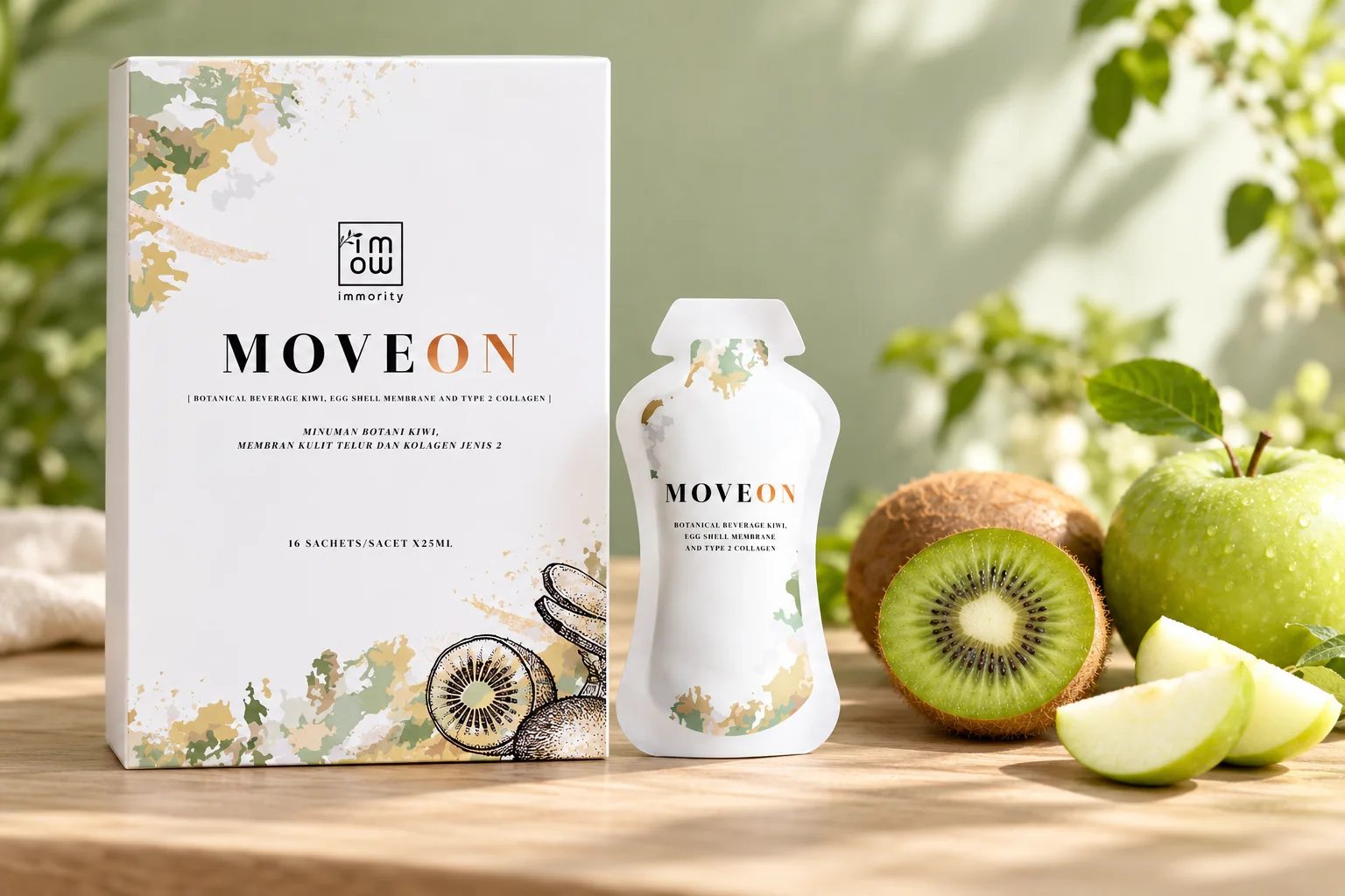 MOVEON 靈活飲盒裝同即飲包，旁邊有切開嘅奇異果同青蘋果