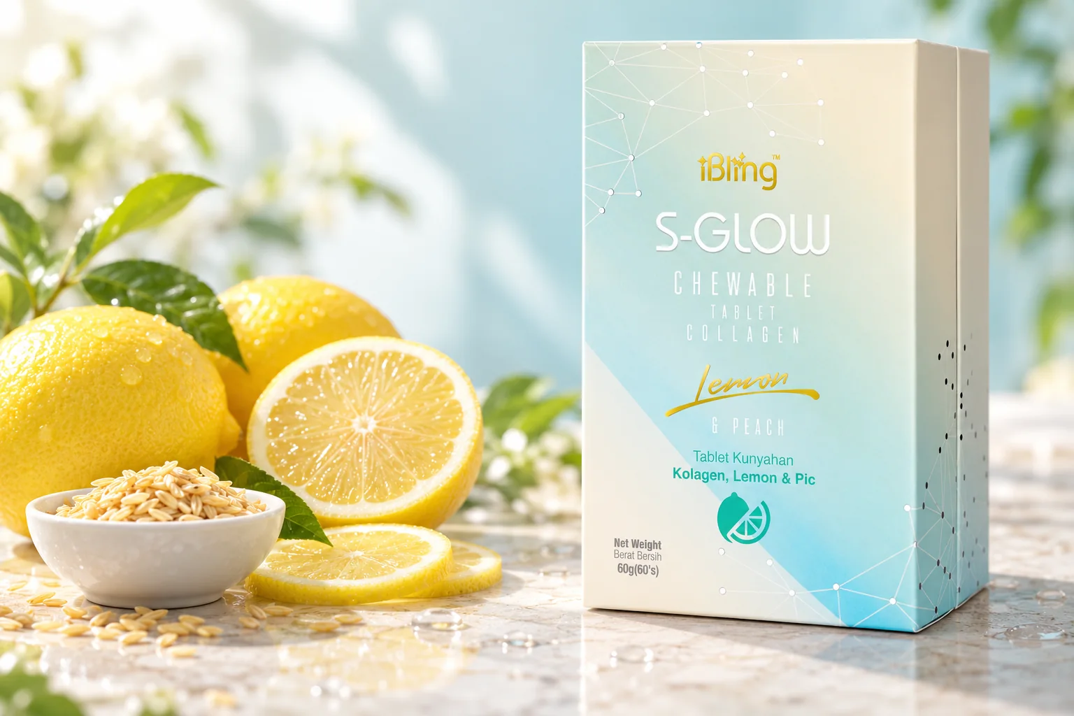 S-GLOW 檸檬味骨膠原咀嚼片盒裝,旁邊有新鮮檸檬同一小碟米胚芽