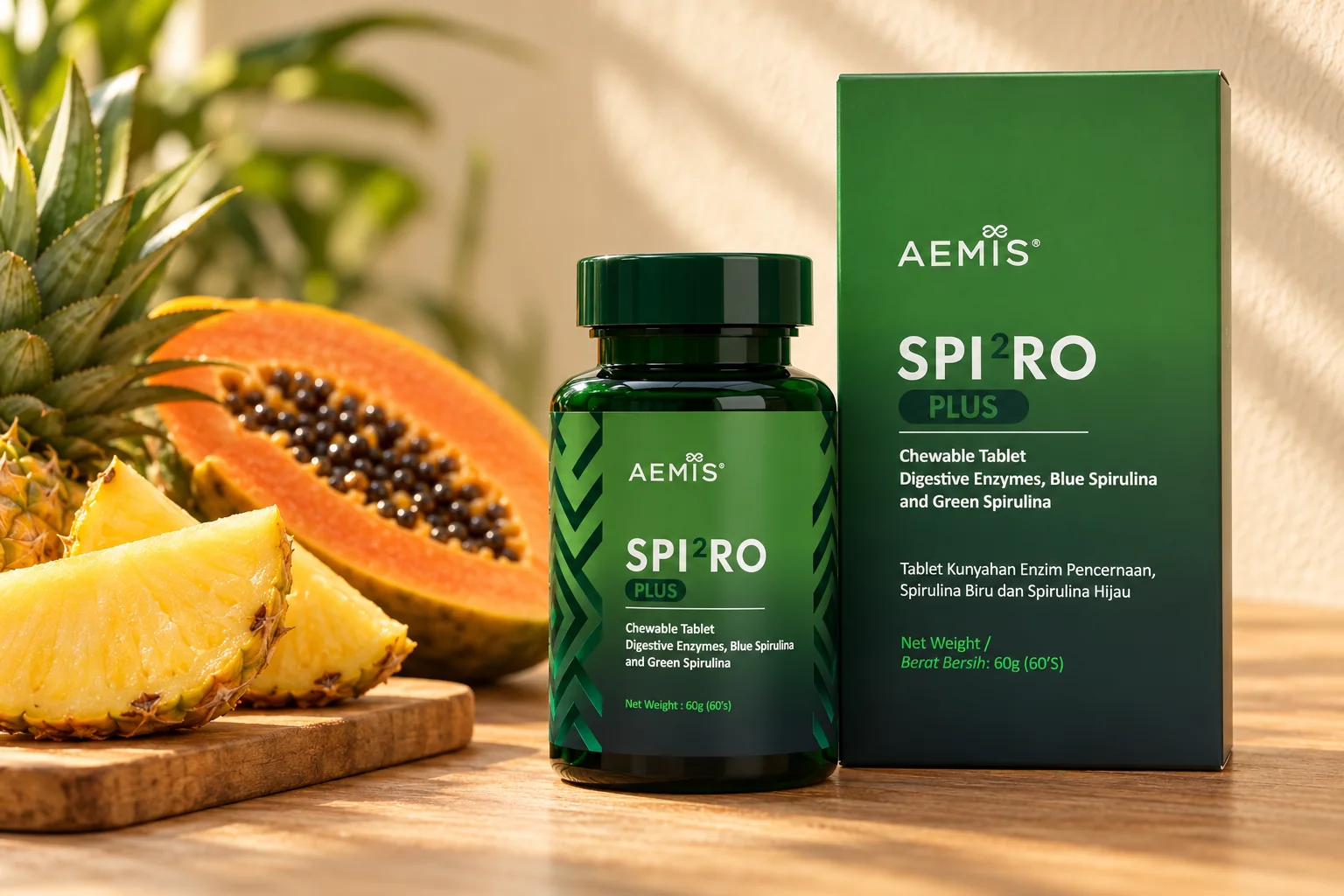 SPIRO Plus 雙藻錠盒裝同樽裝，旁邊有新鮮菠蘿同切開嘅木瓜