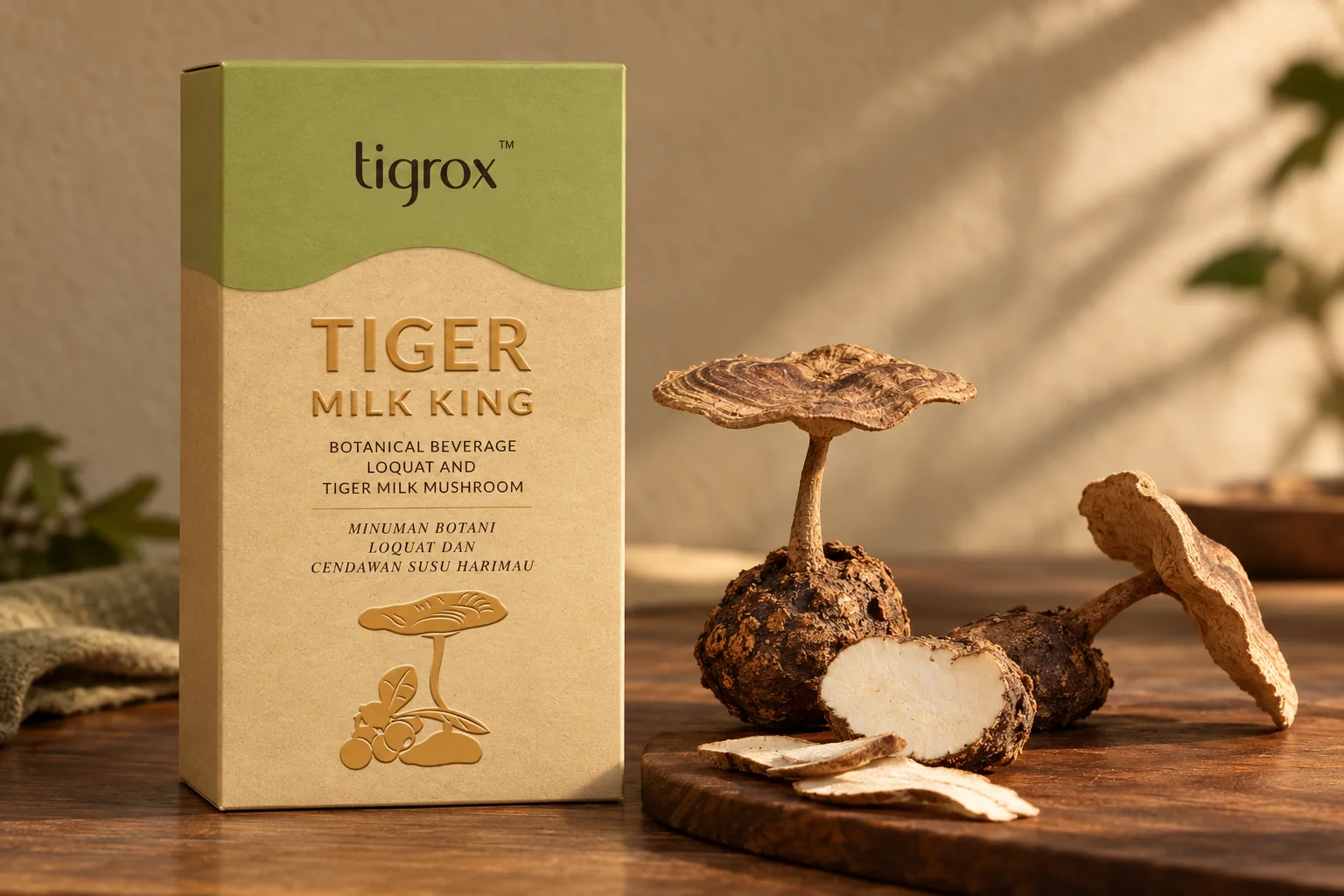 TIGROX 虎奶菇飲品盒裝，旁邊是兩株完整的虎奶菇和切開的菌核