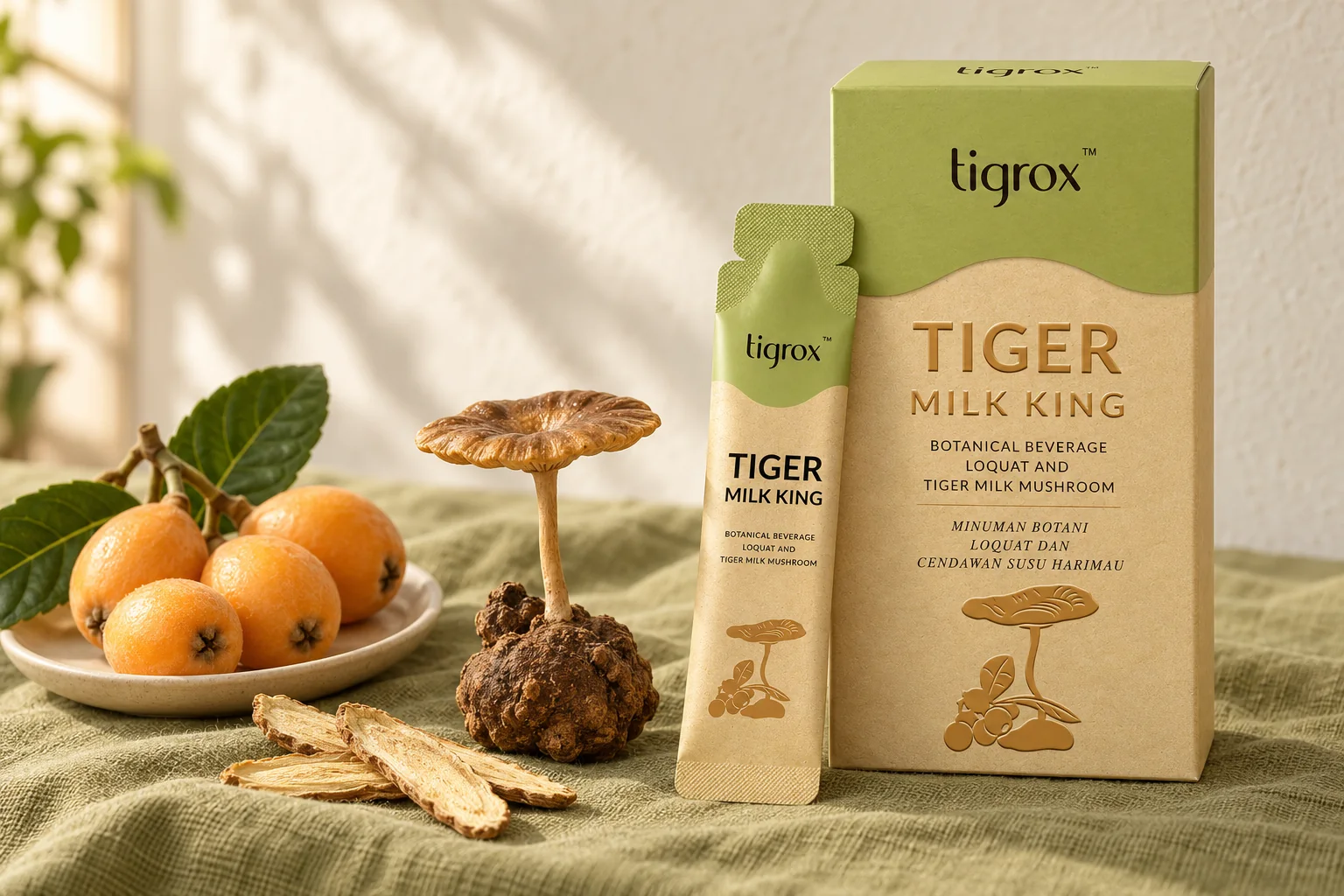 TIGROX 虎乳芝枇杷配方盒裝同隨身包，旁邊有新鮮枇杷、虎乳芝同甘草片