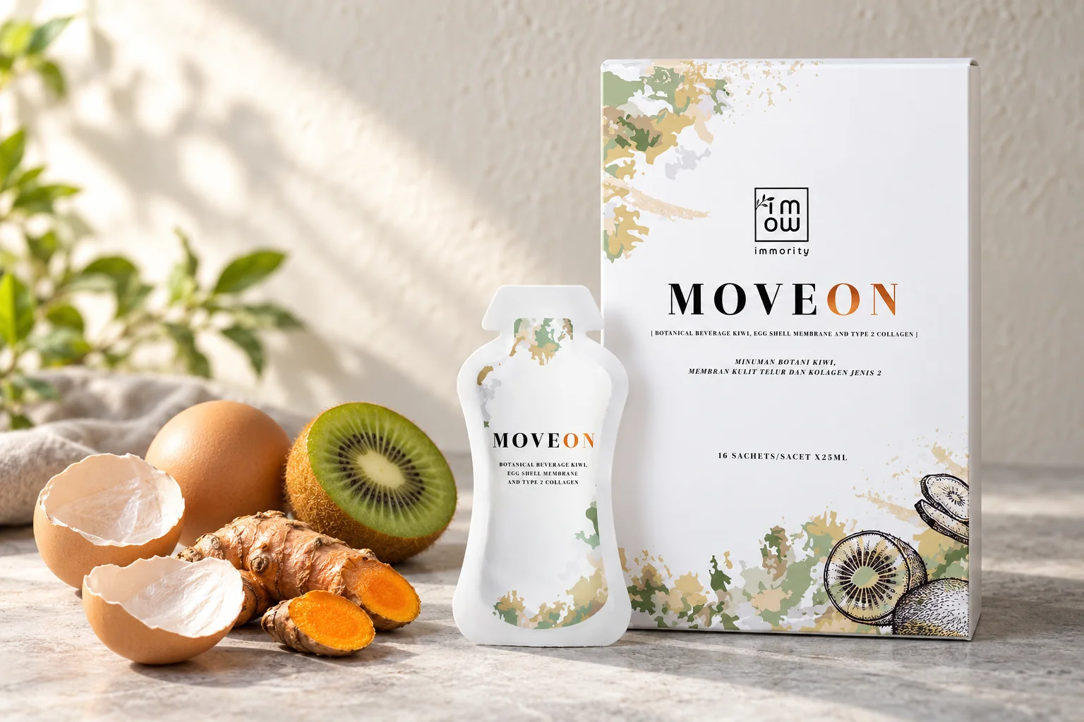 MOVEON 靈活飲盒裝同即飲包,旁邊有蛋殼、雞蛋、新鮮薑黃同奇異果